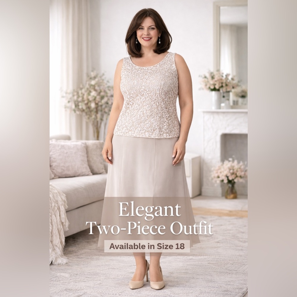 R&M Richards Top &Skirt 2 Piece  Set Beige Size 18 Elegant Formal - Picture 2 of 6